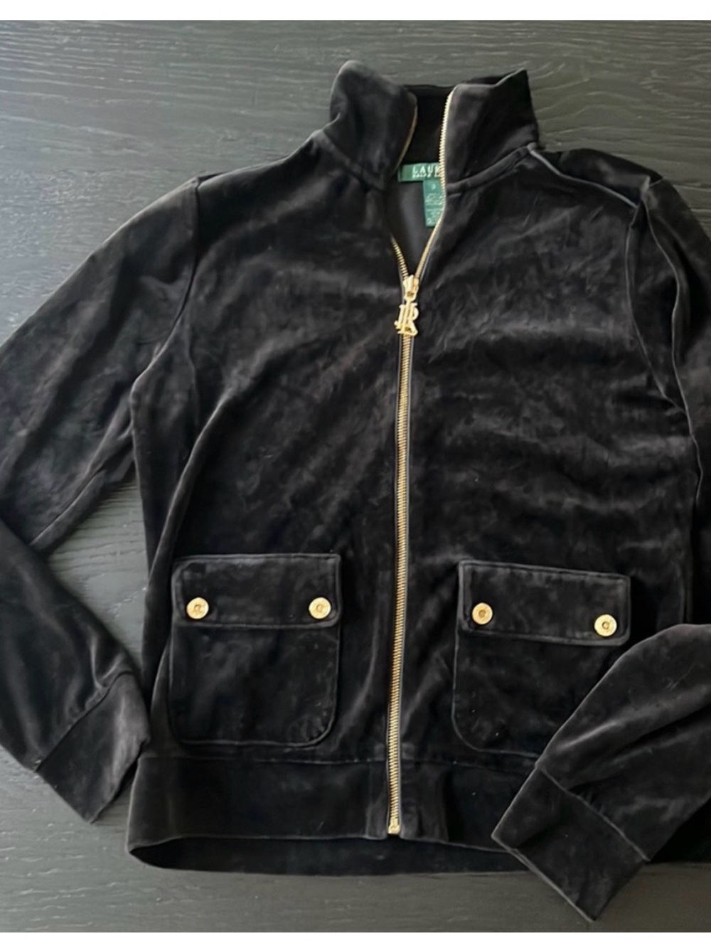 Black Velour Zip-Up Jacket with Gold Hardware